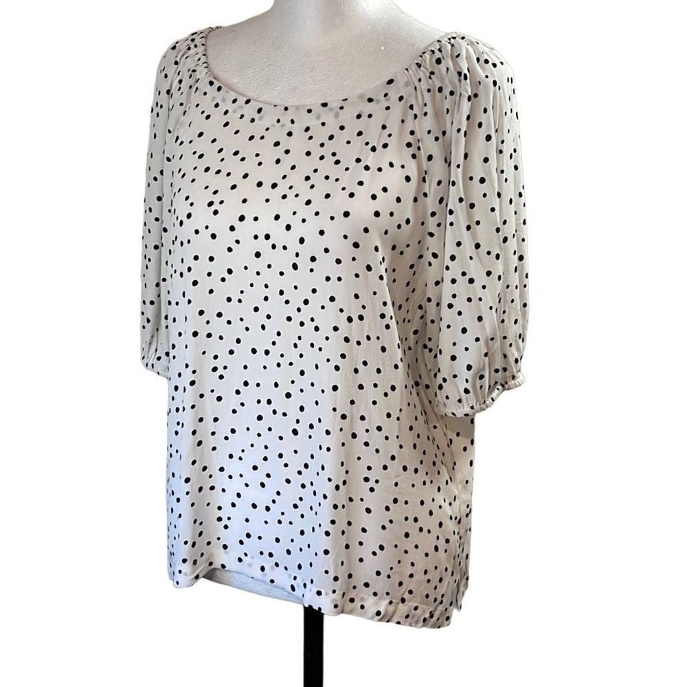 Loft‎ Women's Polka Dots Blouse Balloon Half Sleeve Top Rayon White Petite MP